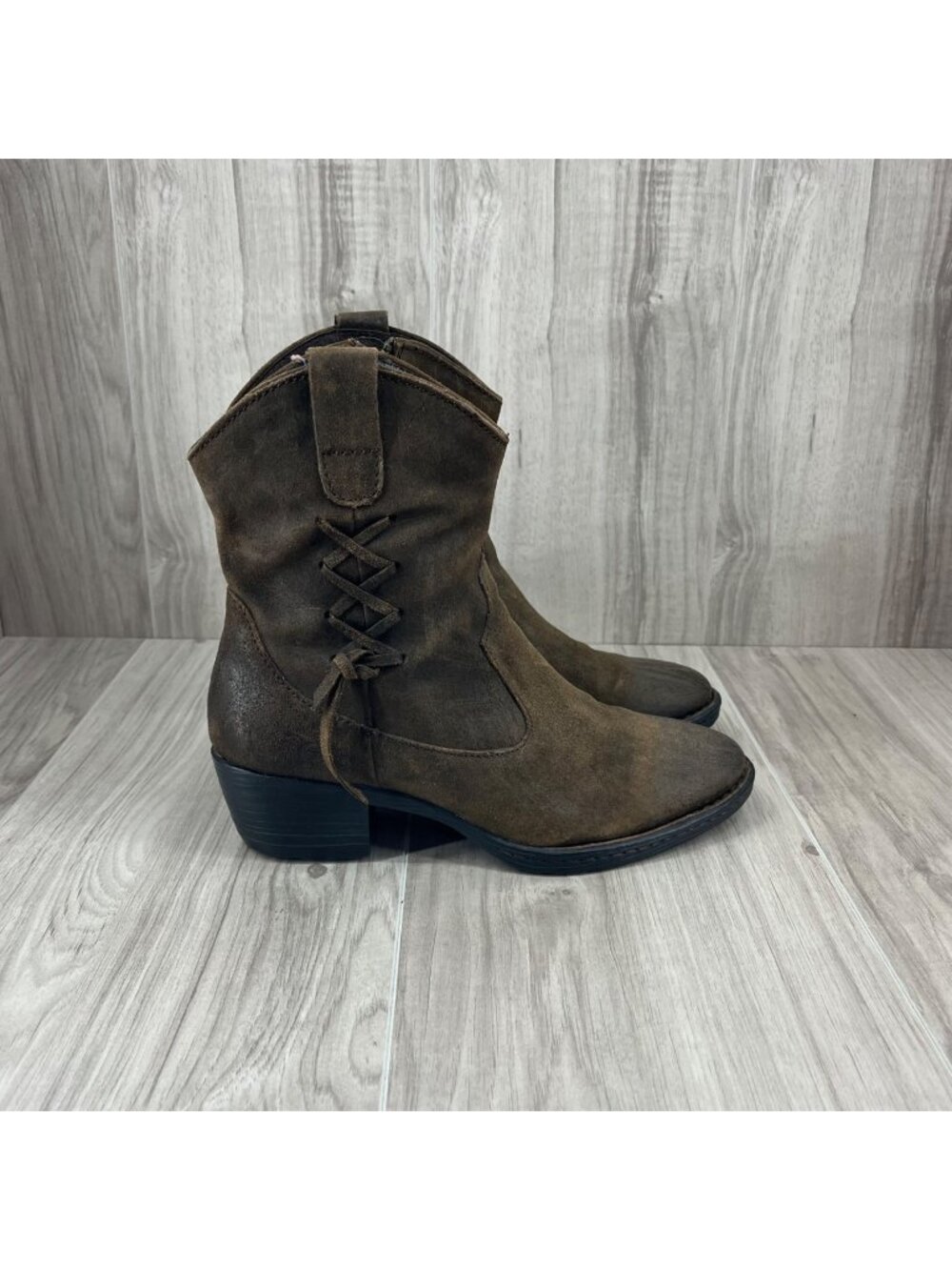 Born Ankle Boots Womens 7.5 Brown Distressed Suede Zip Booties